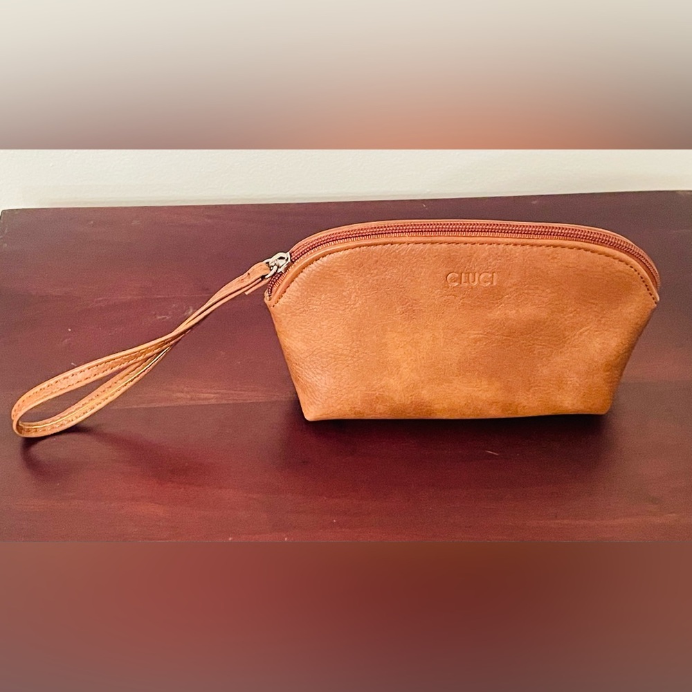 CLUCI Brown Vegan Leather Zippered Cosmetic Pouch Clutch with Wrist Strap NWOB